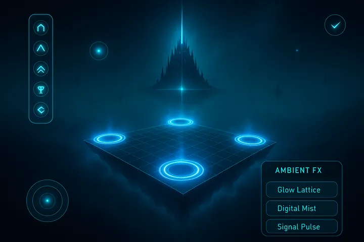 A futuristic 2D digital interface floats in a dark, misty void. In the center, a glowing grid-based platform called the Citadel hovers above swirling digital mist, accented by four illuminated ring nodes at each corner. The UI is minimal, with neon-cyan icons on the left for home, structure, resource, and build tools. On the right, a sleek "AMBIENT FX" panel offers options like Glow Lattice, Digital Mist, and Signal Pulse. In the distance, the towering Luminarch rises from the haze, a majestic glowing spire that mirrors the platform's floating presence in a vast ambient space.